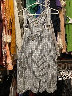 Vintage Blue White Plaid Short Overalls Shortalls Women’s M Cottage 90s Cotton